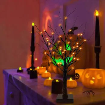 60-сантиметровая светодиодная елка на Хэллоуин, березы, с таймером, оранжевые огни, Настольная елка на батарейках для украшения дома в помещении на Хэллоуин