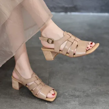 Женская обувь из натуральной кожи Johnature на толстом каблуке, новинка лета 2023, Винтажные универсальные женские сандалии ручной работы с открытым носком