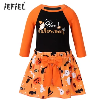 Оранжевые наряды для новорожденных девочек на Хэллоуин; топ с длинными рукавами и юбкой с принтом призрака; Комплект детских повседневных костюмов для косплея на Хэллоуин.